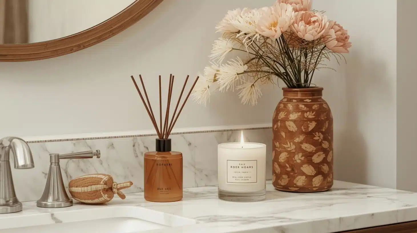 Marble vanity counter styled with a reed diffuser, a glowing candle on a tray, and a patterned vase holding soft blush flowers calmly