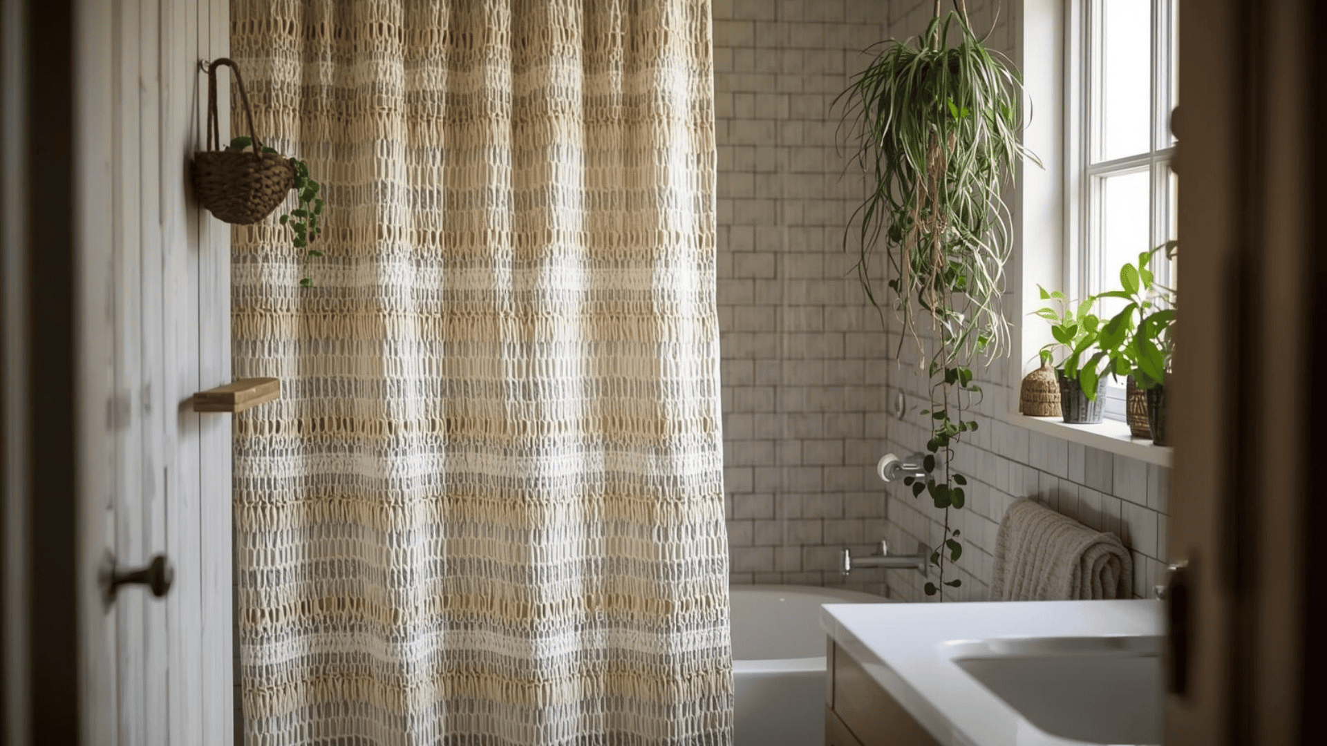 Bright cozy bathroom with textured neutral shower curtain, white subway tile, and trailing plants near a sunlit window