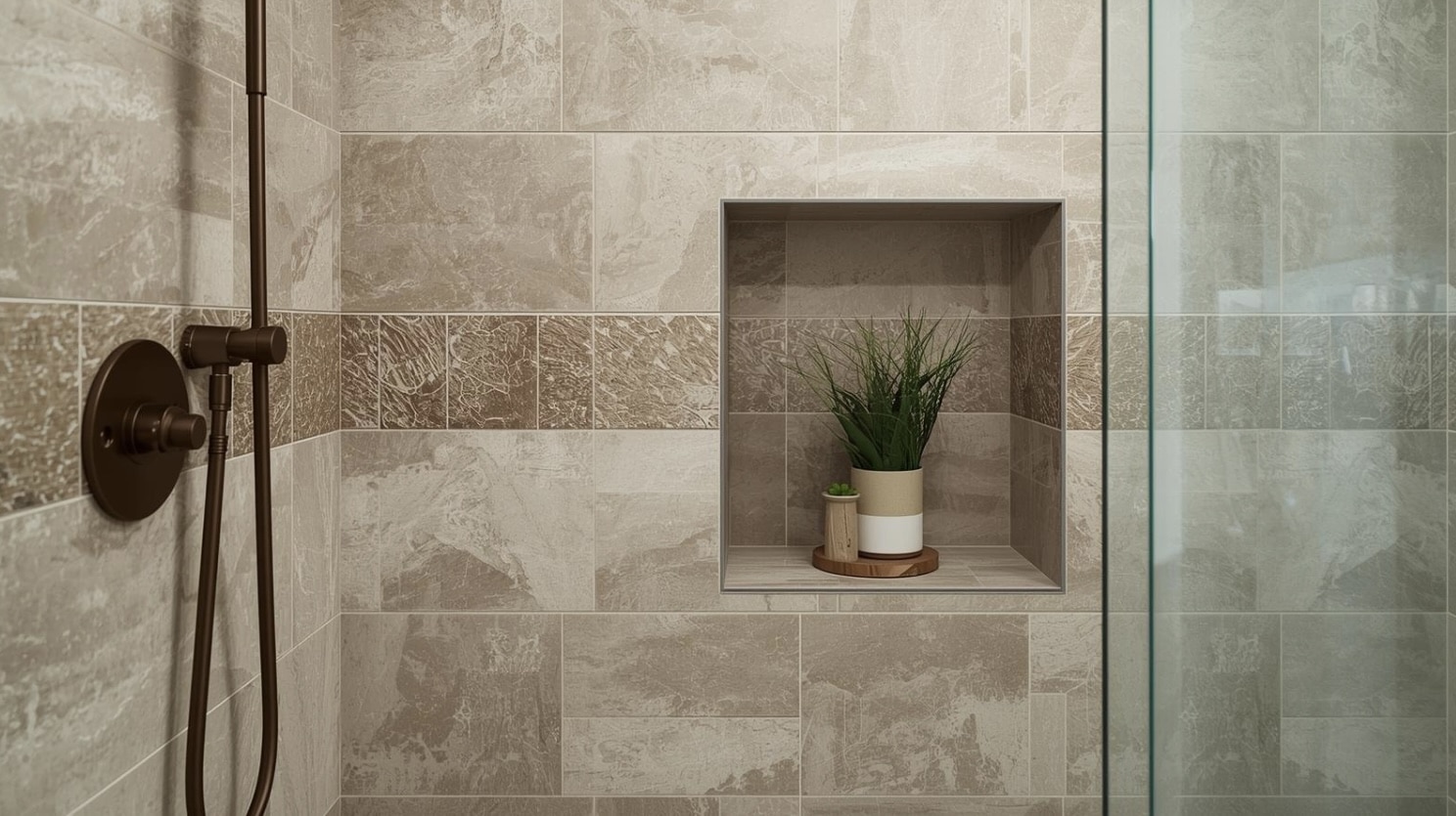 Spa-style shower with beige stone-look tiles, slim accent band, and recessed niche styled with simple greenery and bottles.