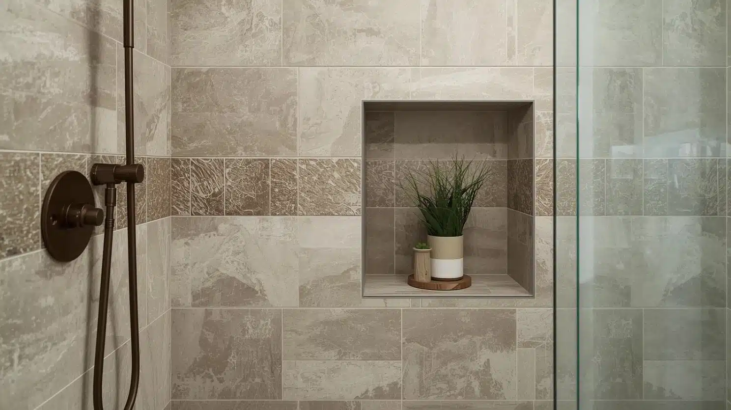 Spa-style shower with beige stone-look tiles, slim accent band, and recessed niche styled with simple greenery and bottles.