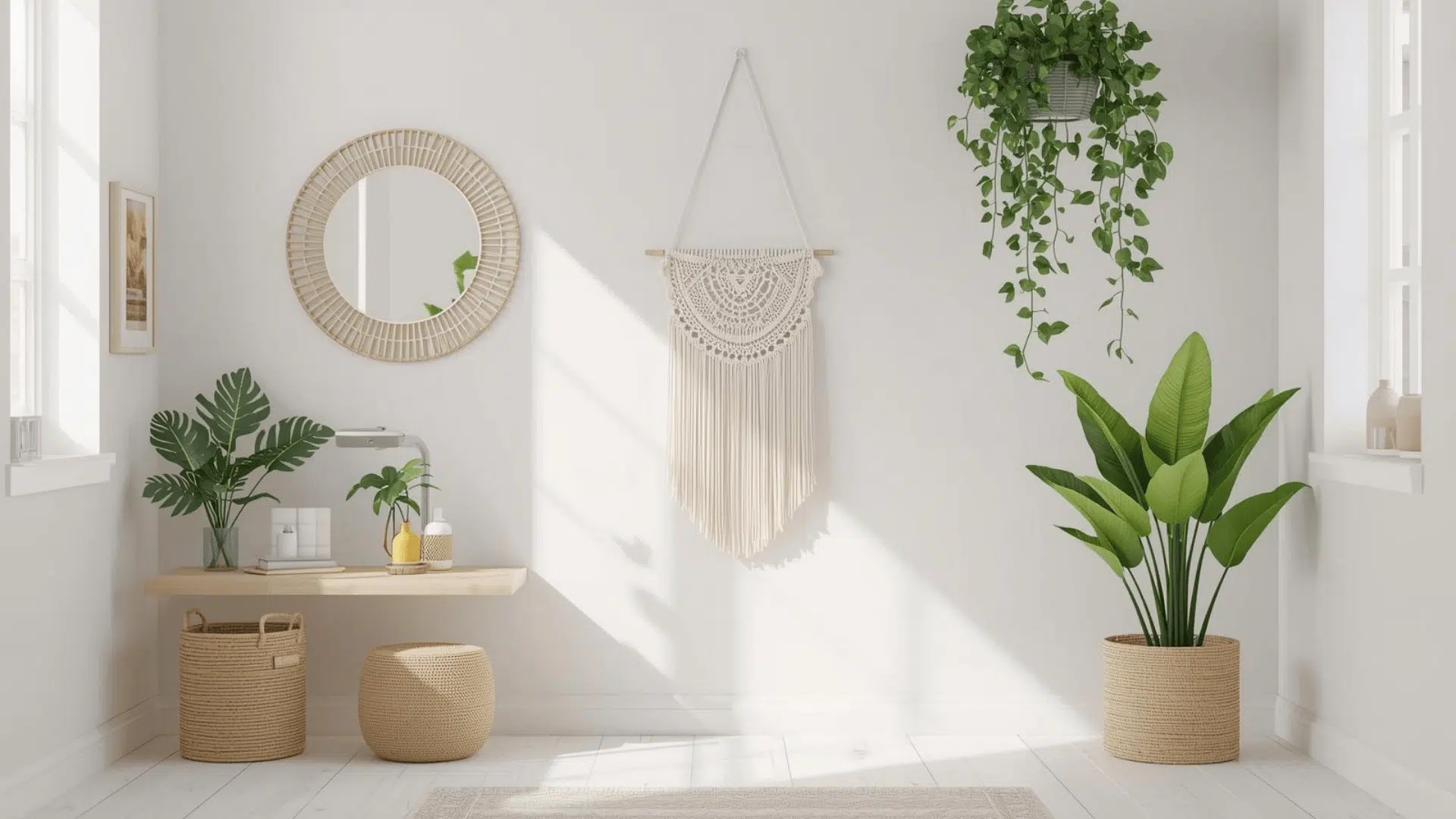 Bright minimalist boho corner with rattan mirror, macramé wall hanging, woven storage, and fresh greenery on crisp white.