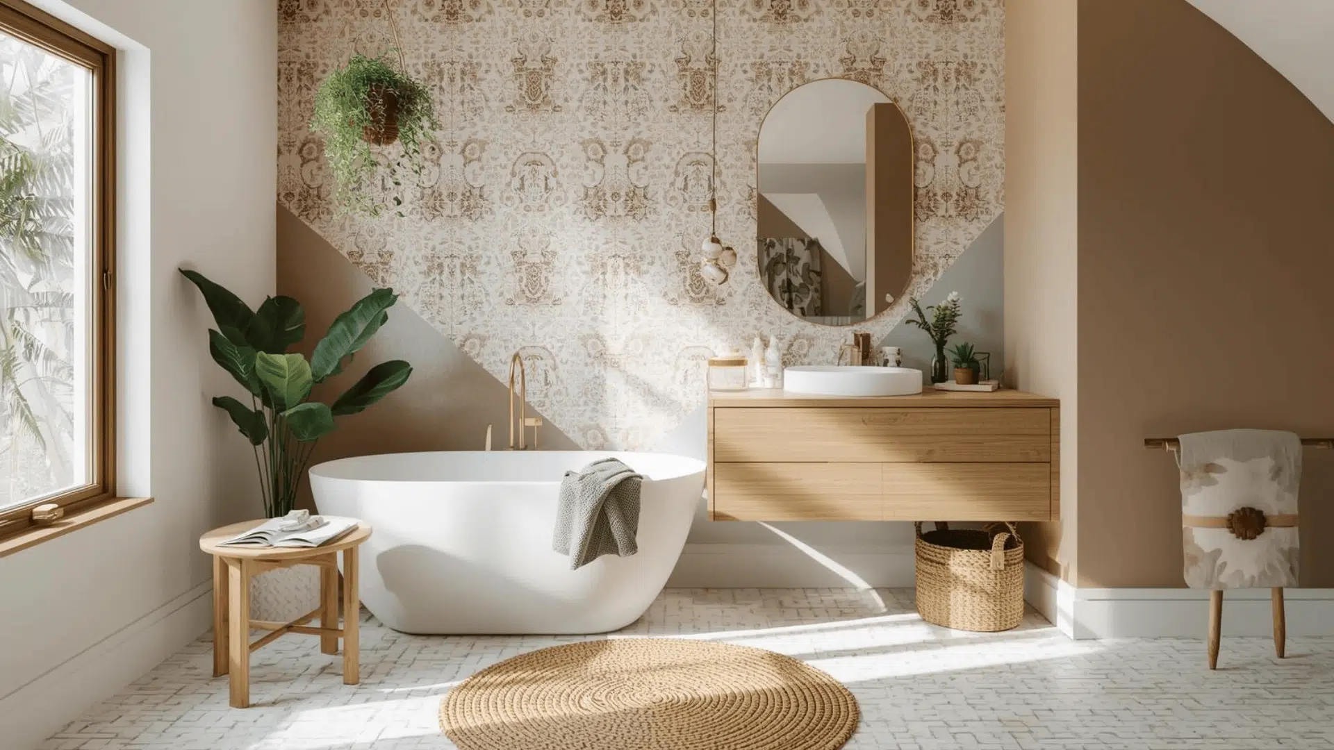 Bright boho-modern bathroom with freestanding tub, warm wood floating vanity, patterned accent wall, and plants for softness.