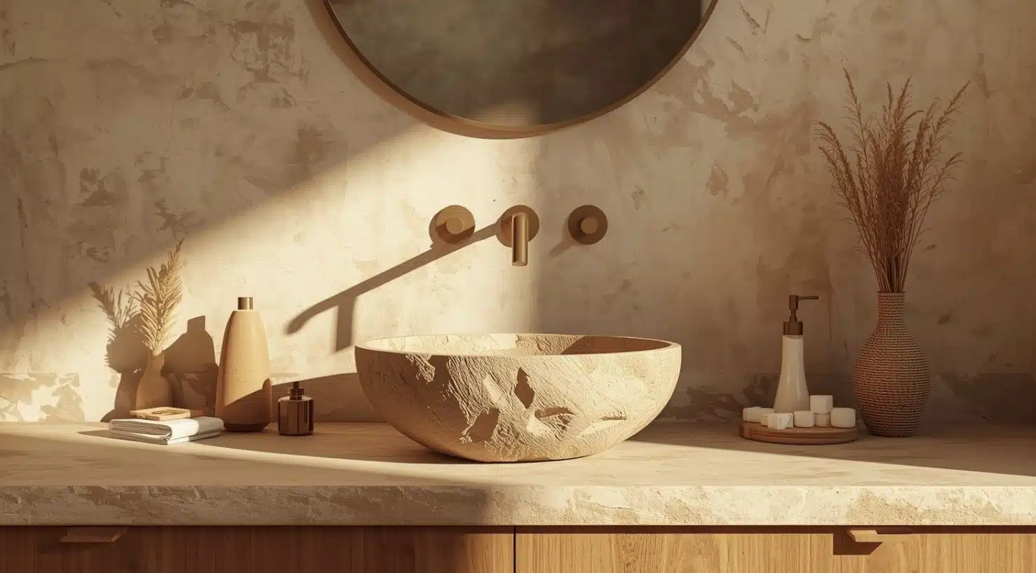 Warm spa vanity with a sculptural stone vessel sink, a brass wall faucet, earthy accessories, and golden sunlight for a glow.