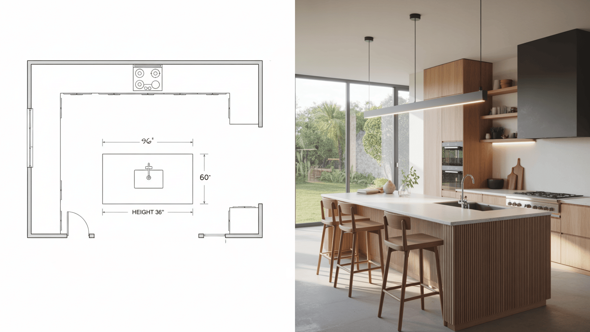 A kitchen floor plan featuring a drawing of the layout, highlighting the kitchen island with sink dimensions.
