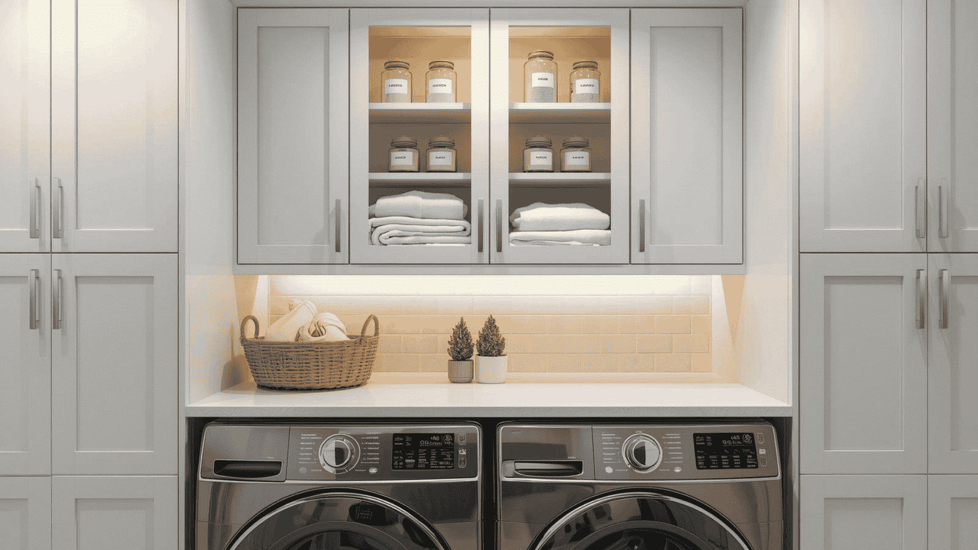 small laundry room interior with one glass front upper cabinet used for display, neatly folded white linens, matching neutral storage bins