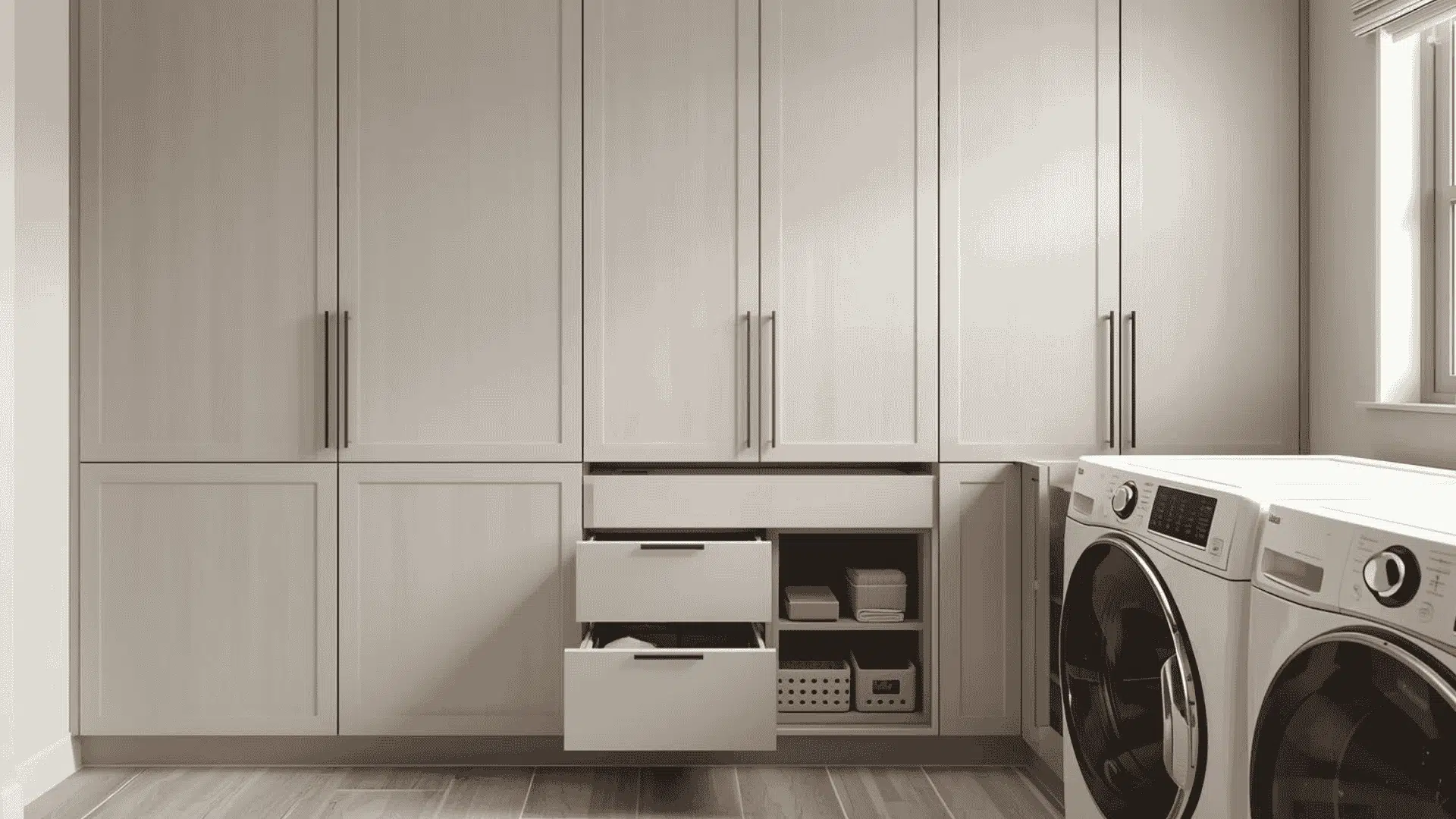 small laundry room with a seamless wall of cabinetry made from matching flat panels