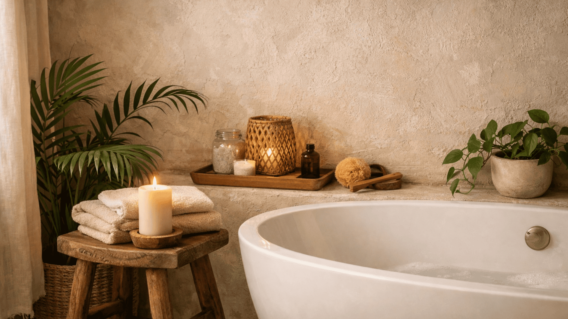 Boho spa tub corner with textured plaster wall, warm candlelight, folded towels on rustic stool, and soft greenery