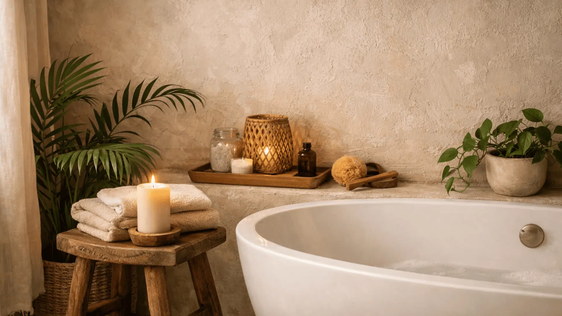 Boho spa tub corner with textured plaster wall, warm candlelight, folded towels on rustic stool, and soft greenery