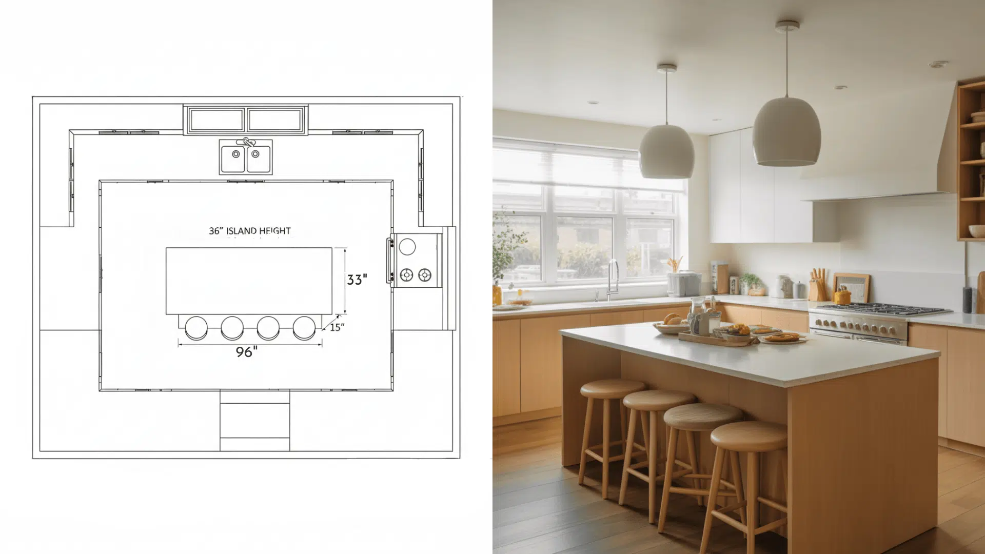 A modern kitchen featuring a kitchen island with seating dimensions for casual dining.