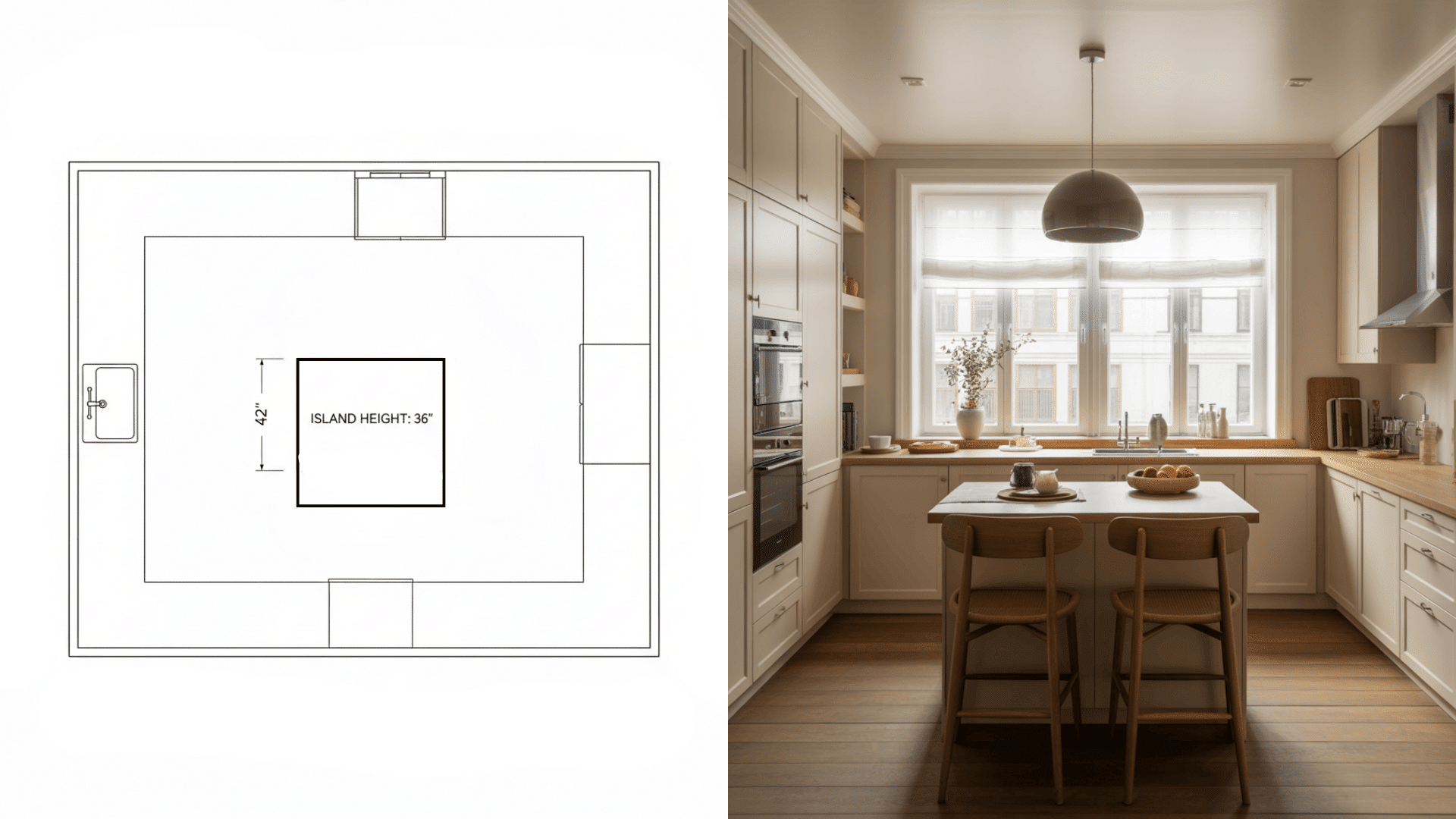 A kitchen layout featuring a floor plan and a drawing, highlighting square kitchen island dimensions.