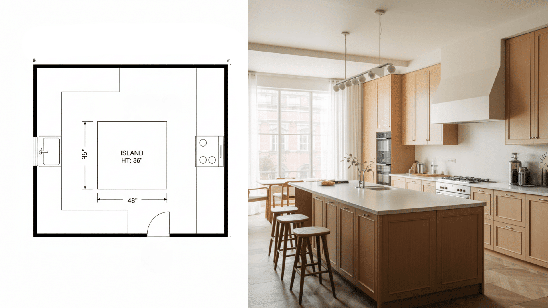 Floor plan of a kitchen with a standard island, showcasing the dimensions and design elements.