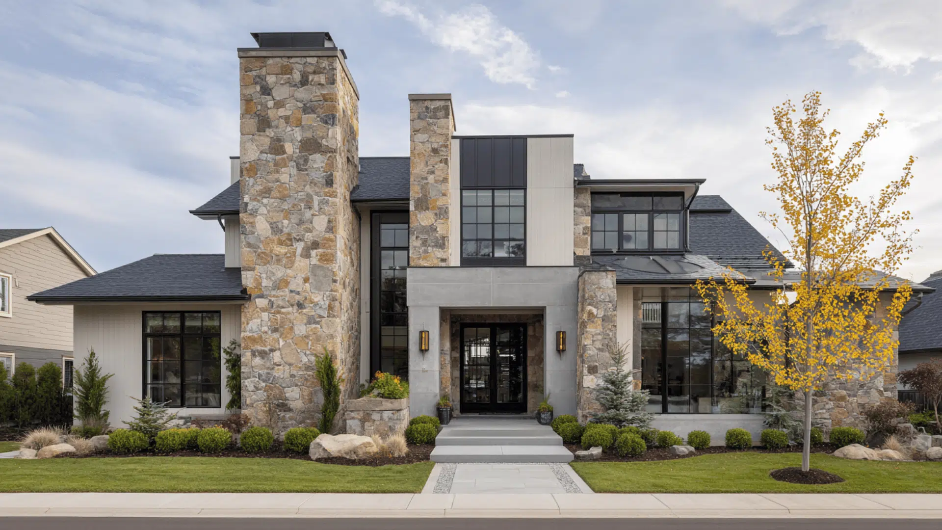 stone and brick accent on white house with black trim