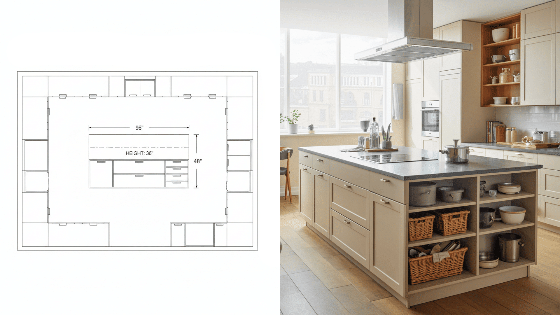 Visual representation of a kitchen with a storage-centric island, accompanied by a detailed drawing of the space.