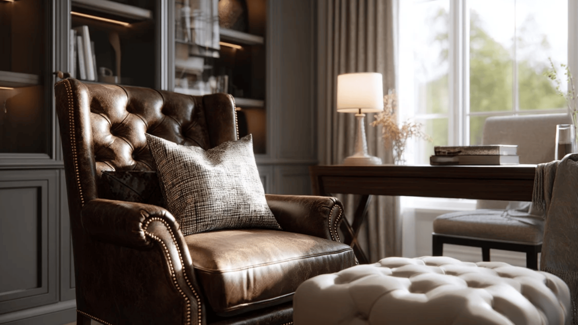 study room with leather accents