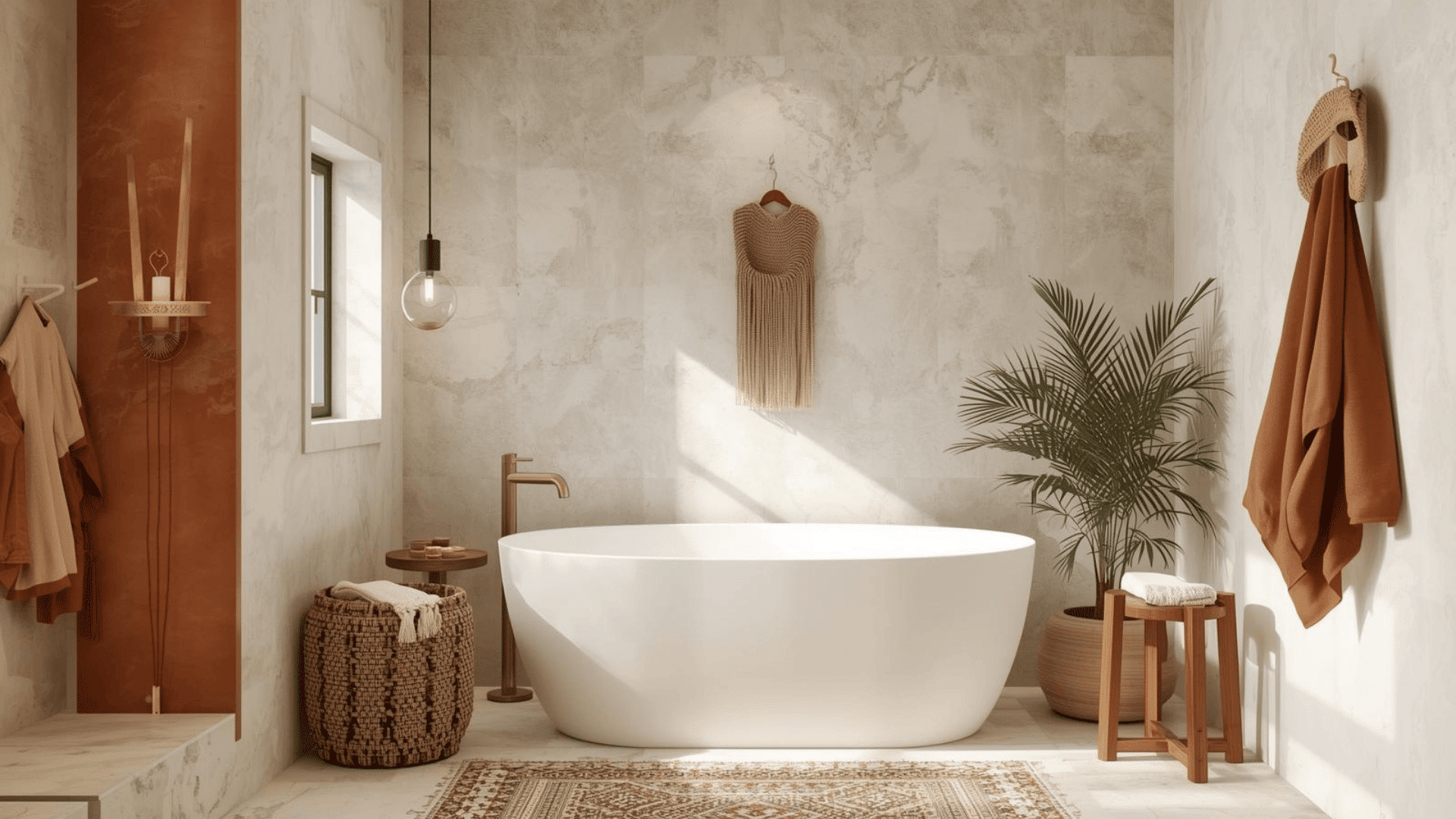 Warm spa-like boho bathroom with freestanding tub, terracotta accent wall, brass fixtures, woven textures, and soft light.