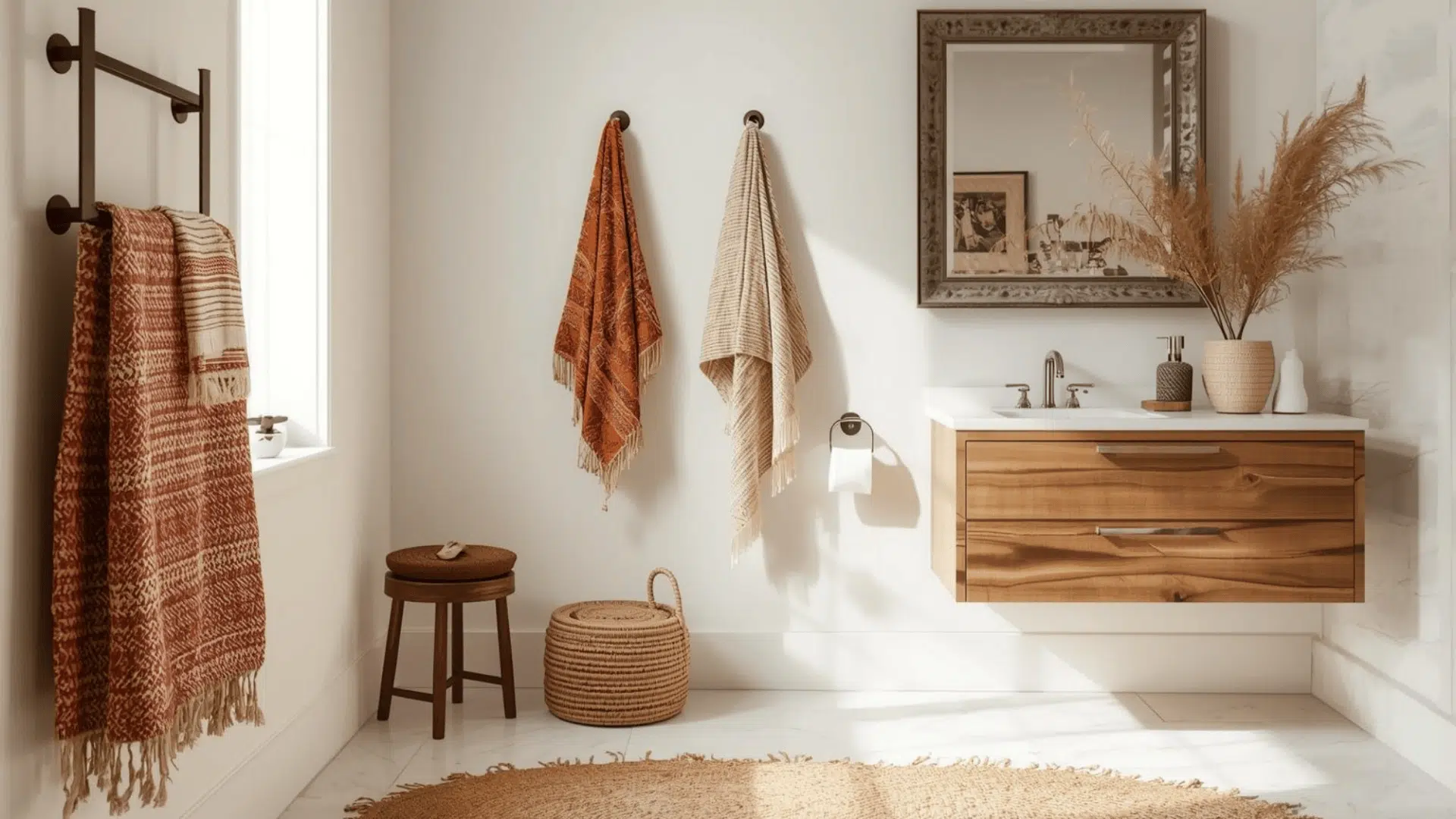 Warm boho bathroom with floating wood vanity, vintage-style mirror, and layered textured towels in earthy neutral tones