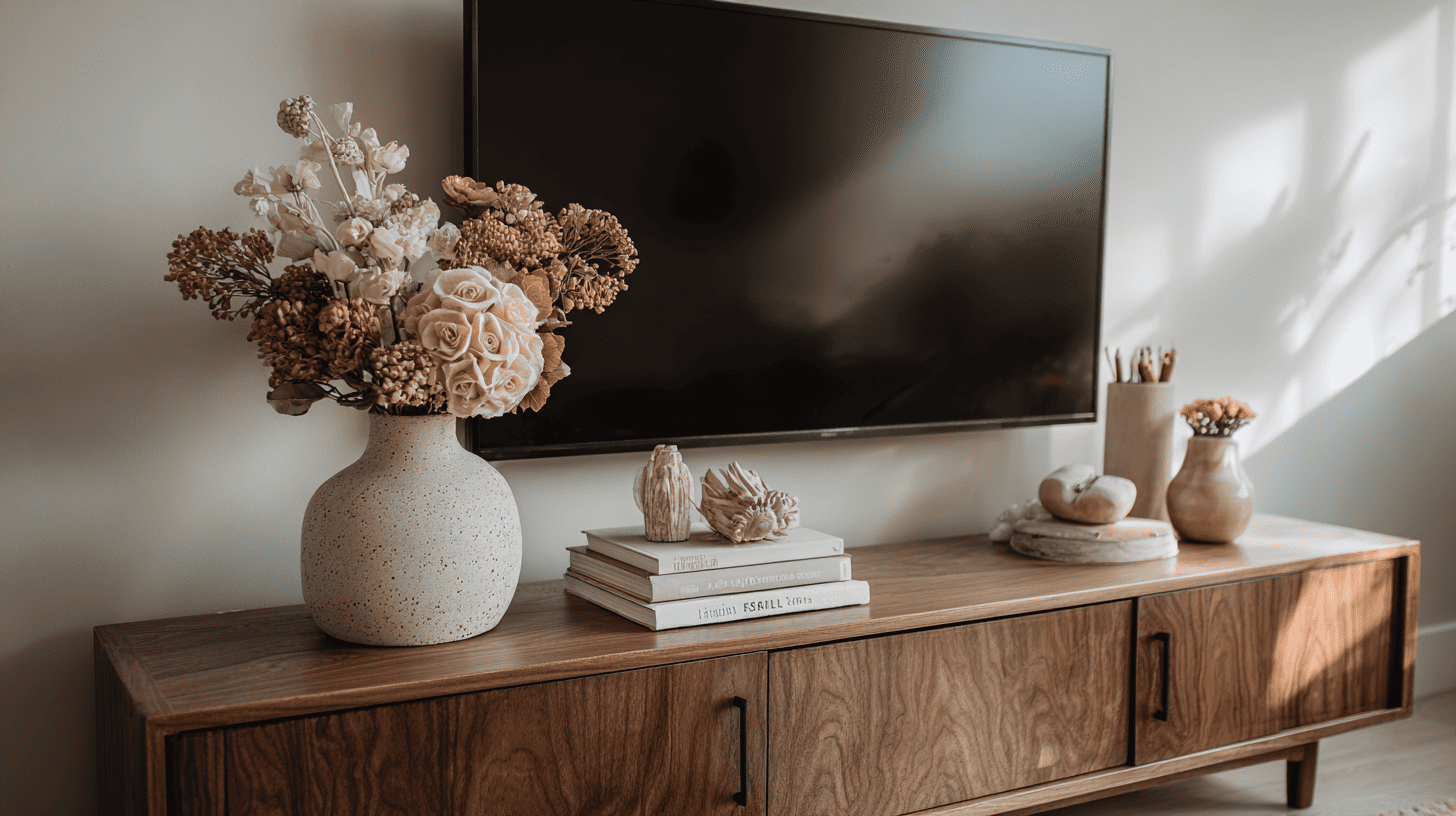 TV stand styled with decor accessories arranged in a balanced group of three