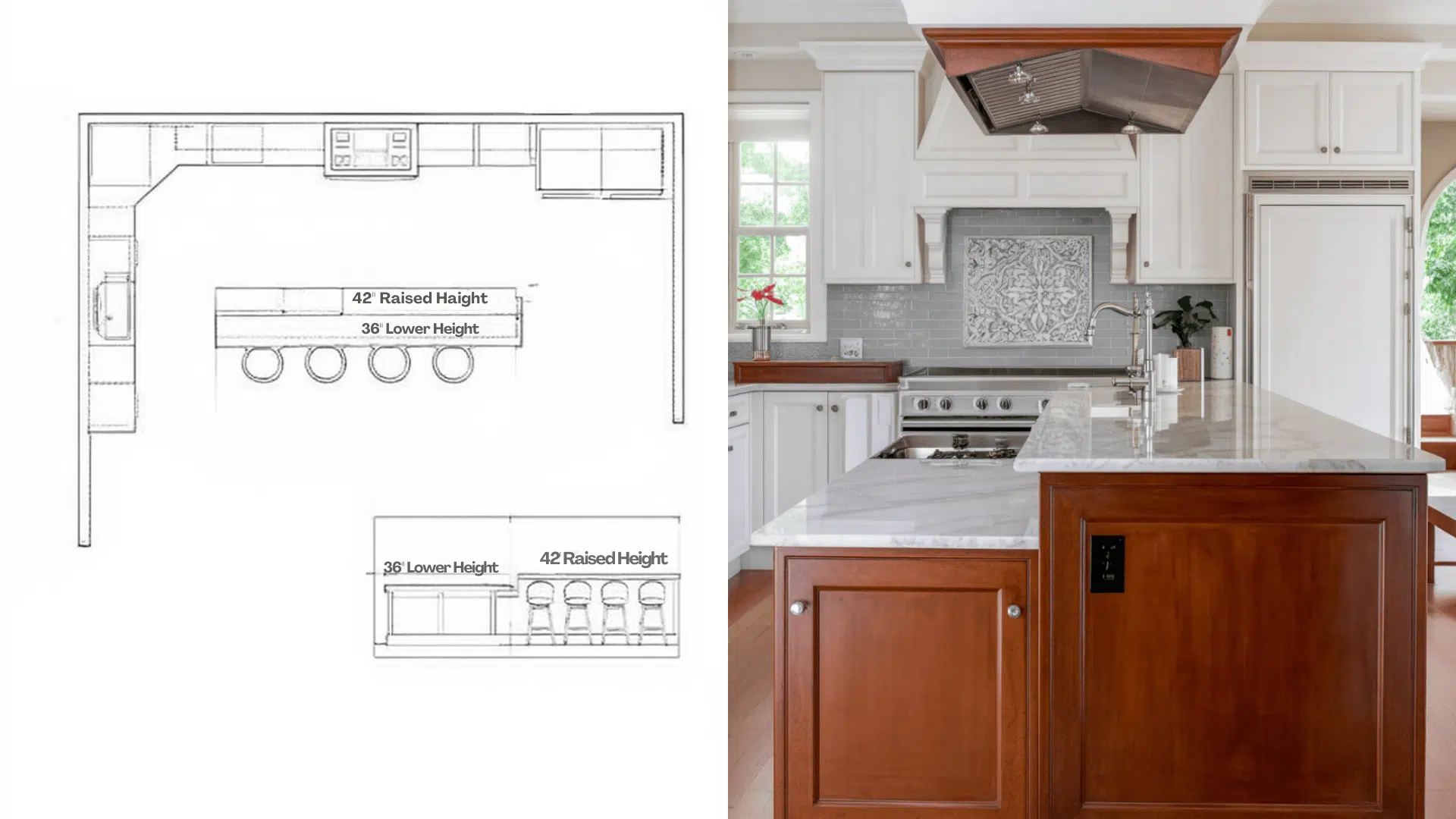 Kitchen showcasing a large two-tier island, ideal for meal preparation and gatherings.