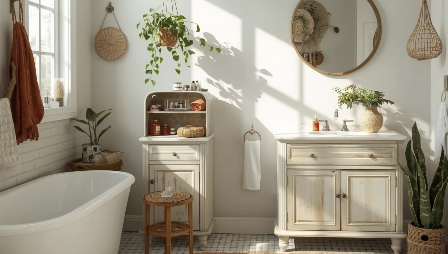 Bright vintage bathroom with distressed cream cabinet, freestanding tub, woven accents, and lush greenery in soft sunlight.
