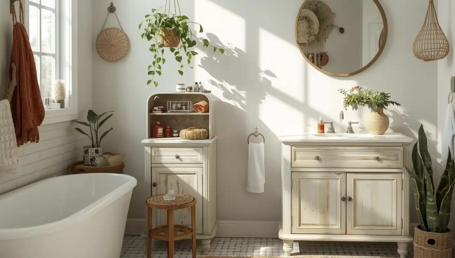 Bright vintage bathroom with distressed cream cabinet, freestanding tub, woven accents, and lush greenery in soft sunlight.