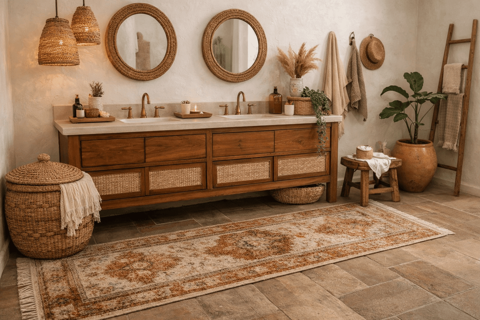 Warm boho bathroom with wood rattan double vanity, woven pendants, round mirrors, and faded rust runner rug along sinks, cozy