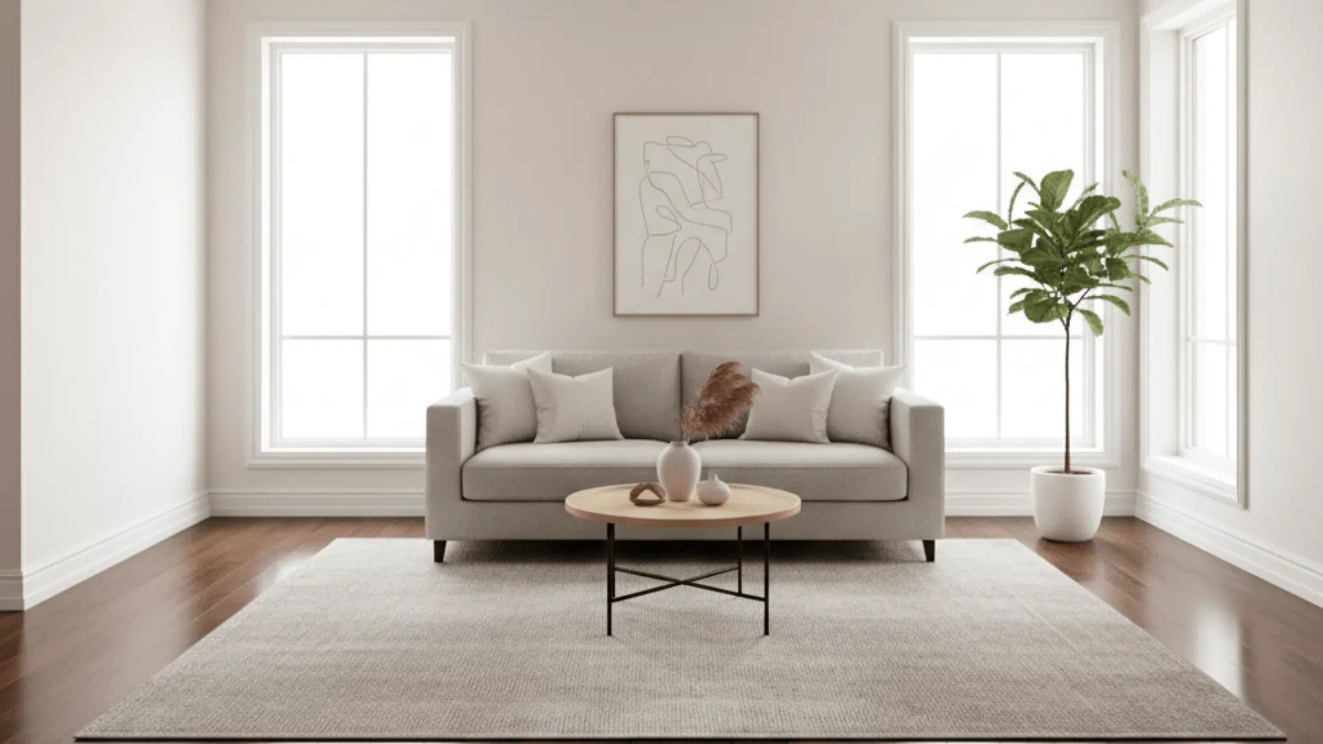 A cozy living room featuring a couch and table, with walnut floors and warm white walls.