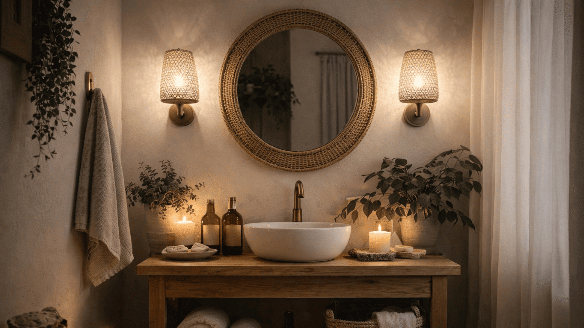 Cozy small boho bathroom at night with warm sconces around a rattan mirror, creamy walls, a wood vanity, and a soft glow