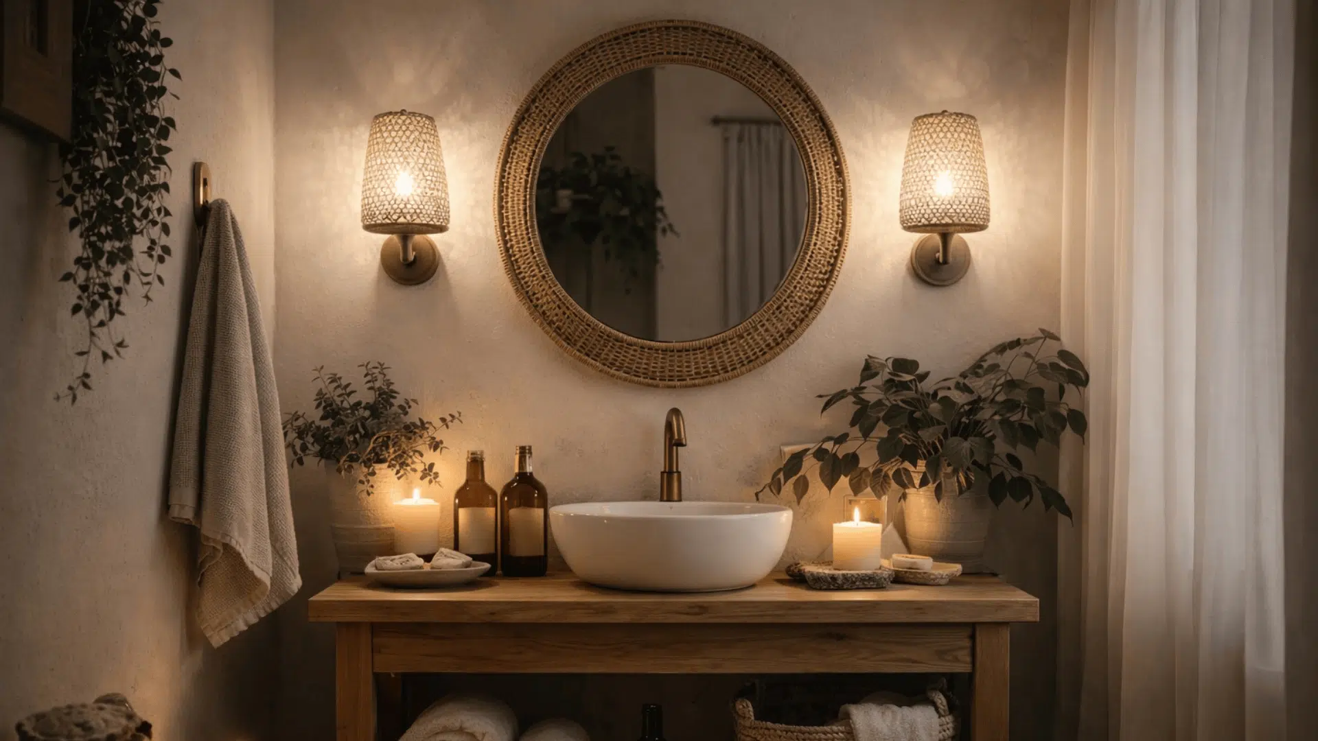 Cozy small boho bathroom at night with warm sconces around a rattan mirror, creamy walls, a wood vanity, and a soft glow