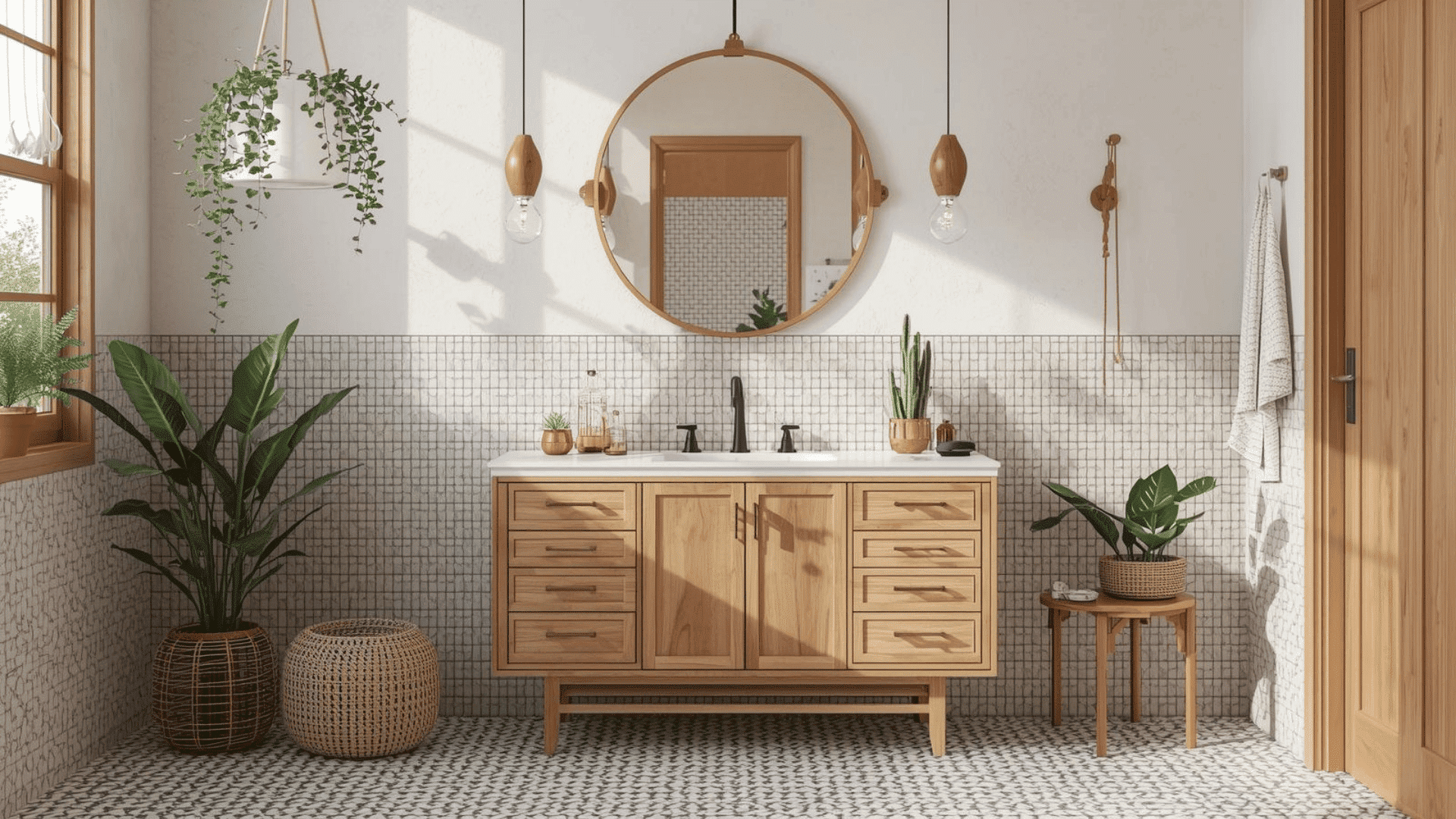 Bright airy boho bathroom with warm wood vanity, round mirror, mixed metal fixtures, plus greenery and woven accents.