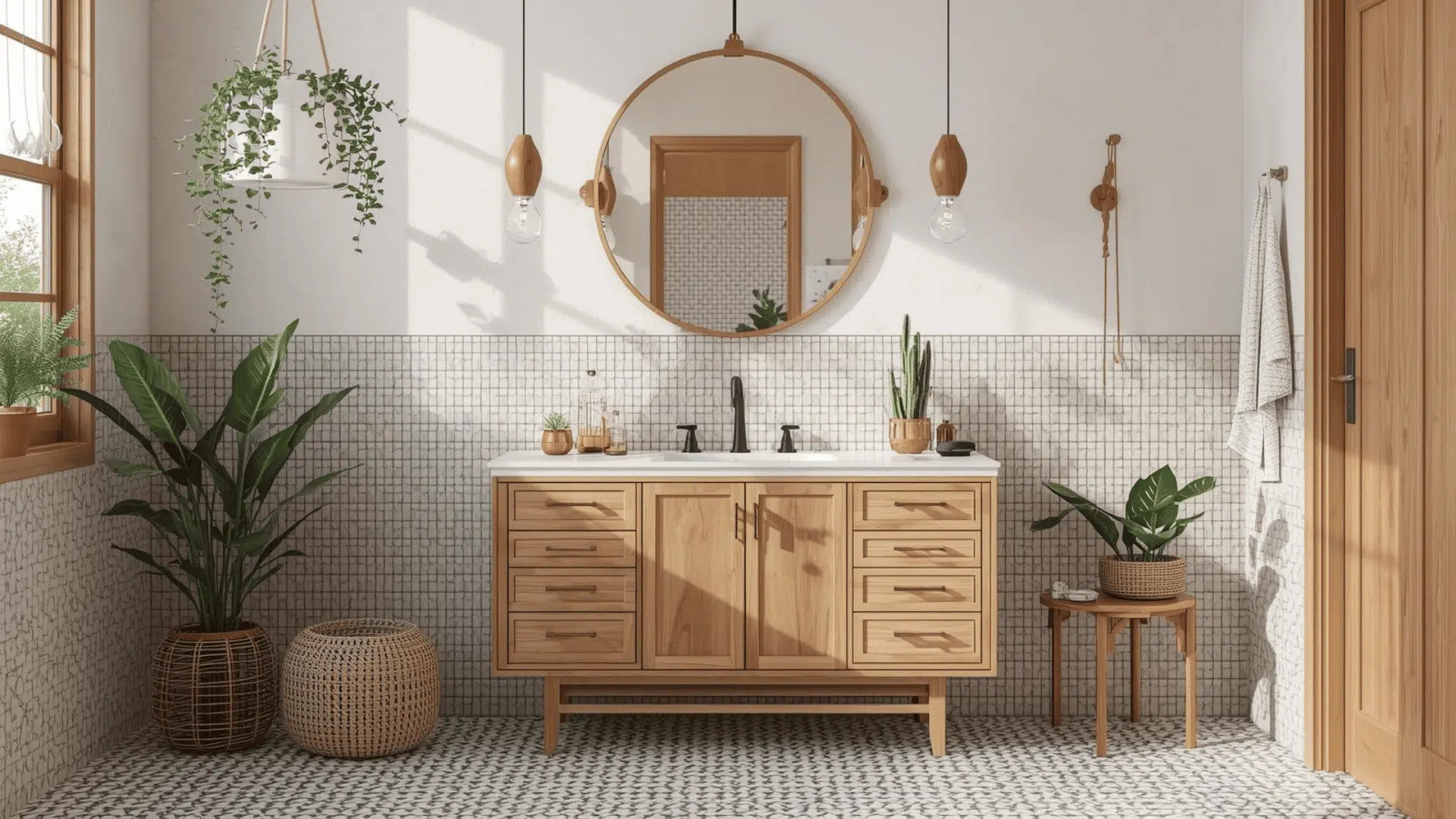 Bright airy boho bathroom with warm wood vanity, round mirror, mixed metal fixtures, plus greenery and woven accents.