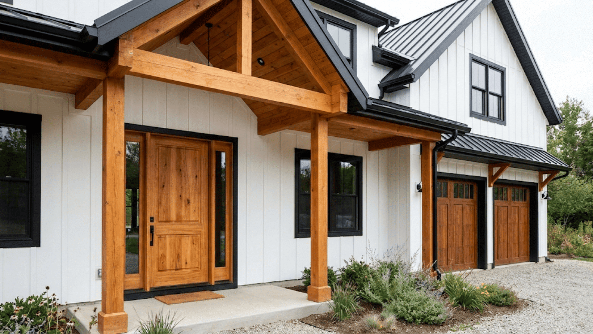 wood accent on white house with black trim