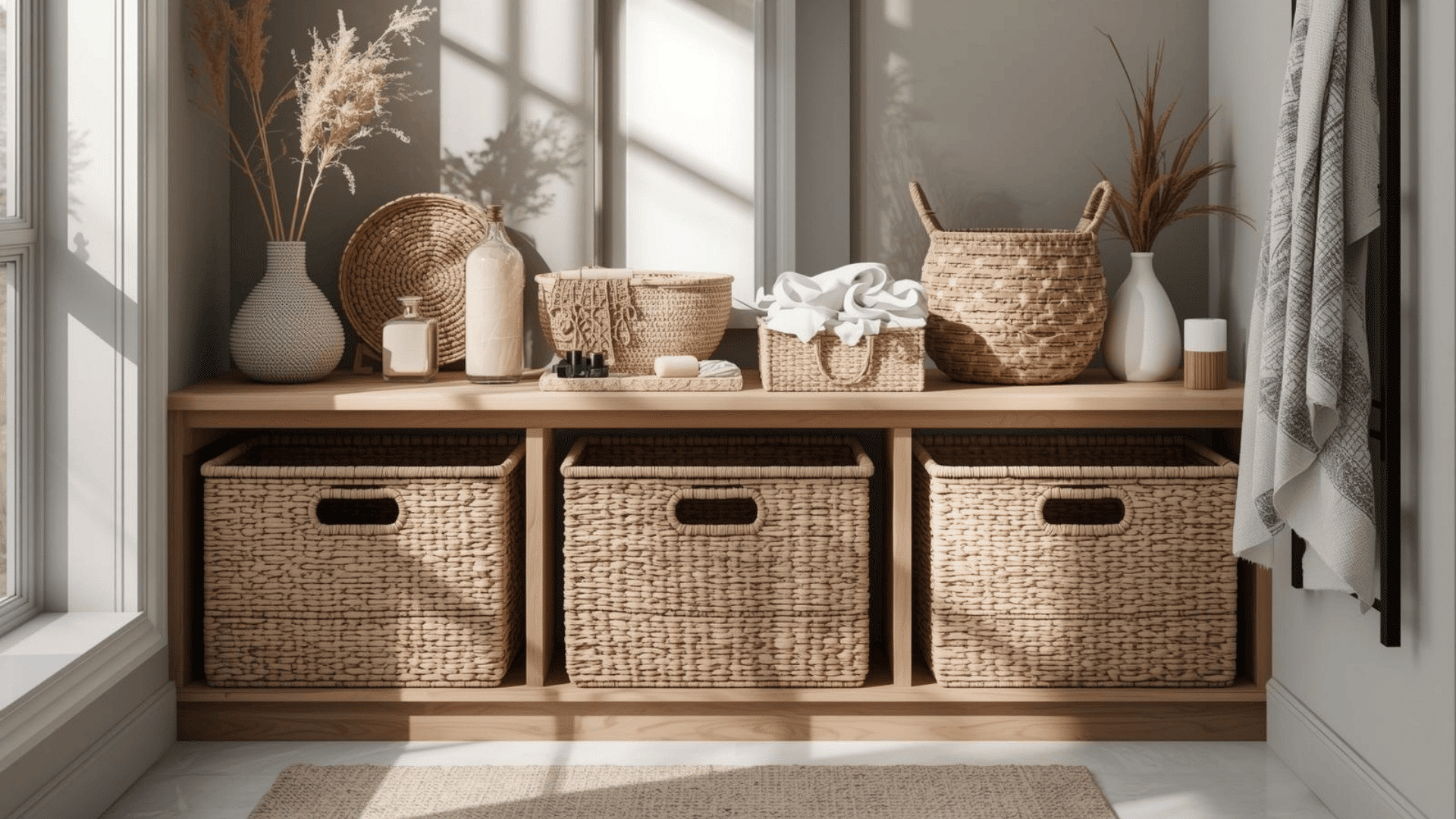 Sunlit neutral bathroom vignette with wooden console, woven baskets, dried florals, and soft textiles for calm boho