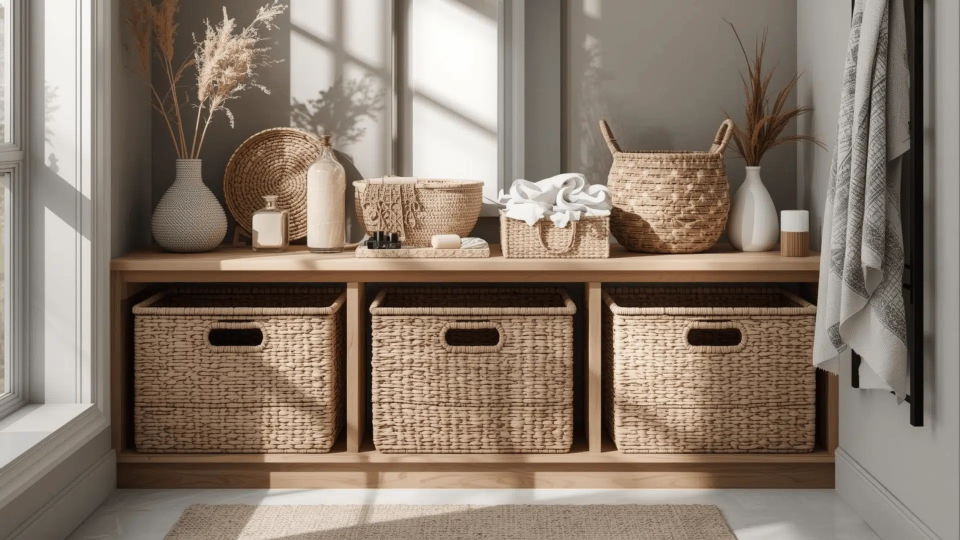 Sunlit neutral bathroom vignette with wooden console, woven baskets, dried florals, and soft textiles for calm boho