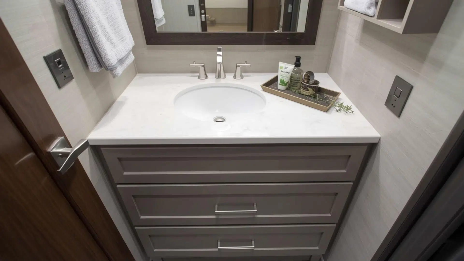 A Shallow Vanity in half bath decor