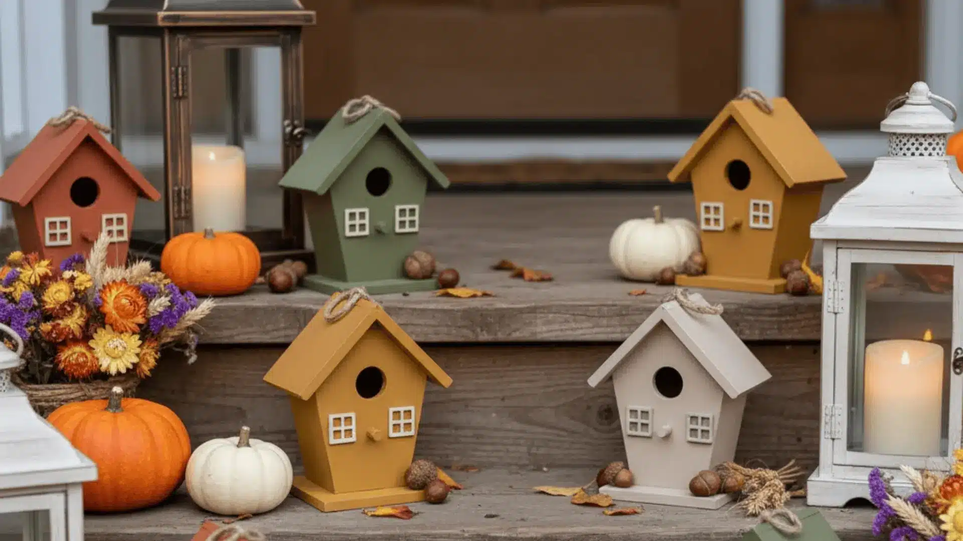 Small painted birdhouses and lanterns with pumpkins and dried flowers on the porch.