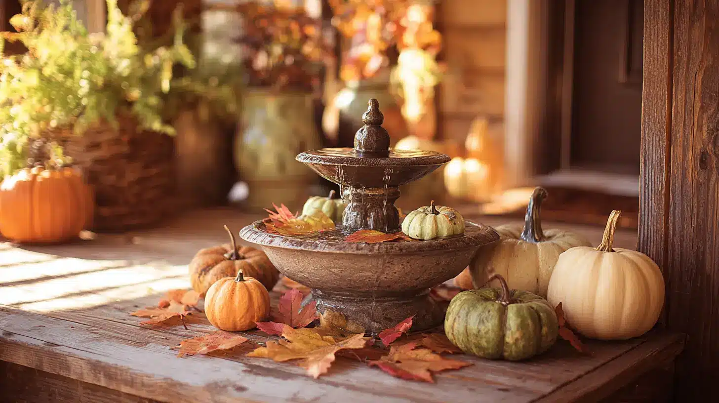 Small water feature on the porch with floating pumpkins, gourds, or colorful leaves.