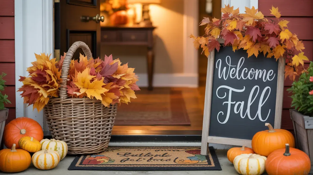 Front porch welcome station with a seasonal doormat, small basket, and pumpkins.