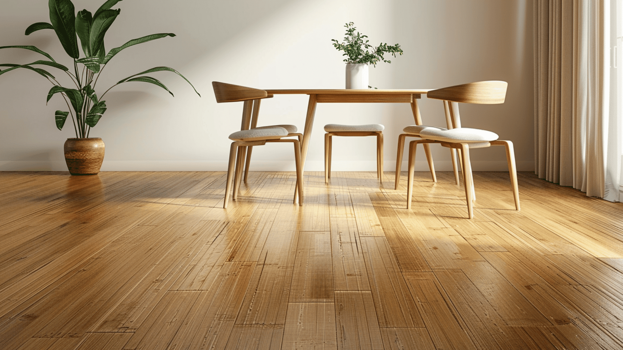  A sunlit dining room of bamboo flooring with a wooden table and three chairs on polished hardwood floors. A potted plant sits in the corner, creating a serene atmosphere.