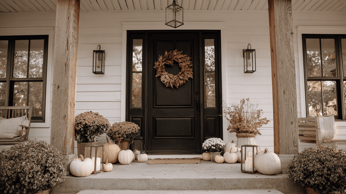 Black front door decorated with neutral pumpkins, a wreath, and lanterns.