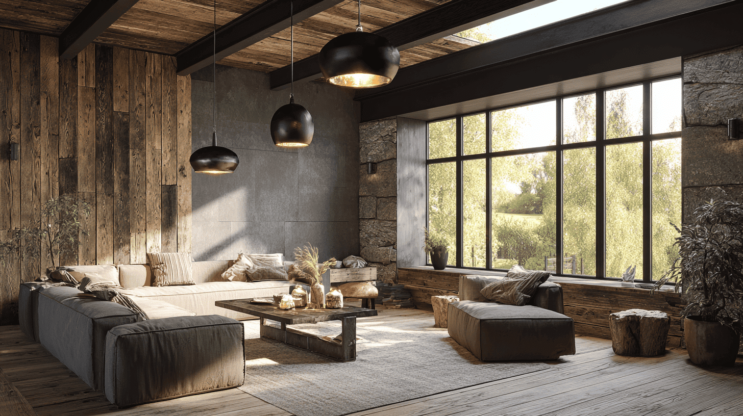 Black Metal Light Fixtures In Modern Rustic Living Room