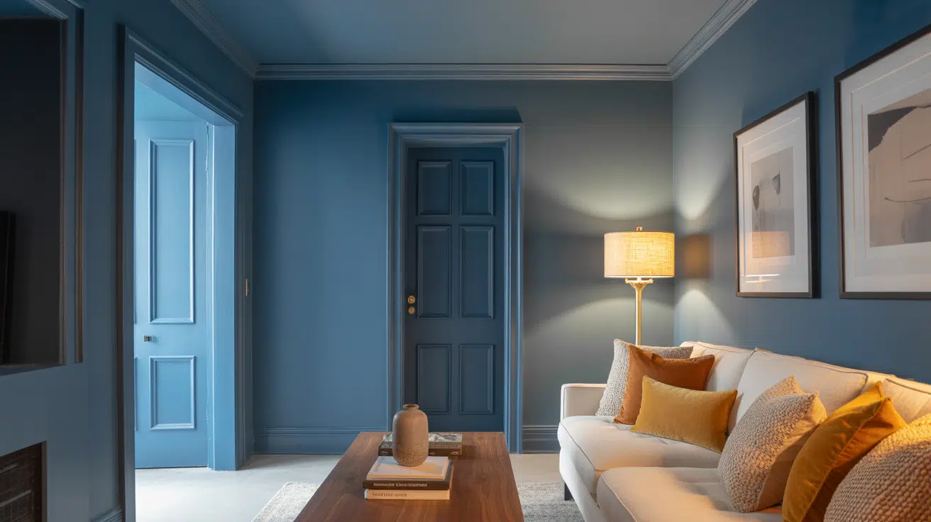 Blue colour drenched drawing room