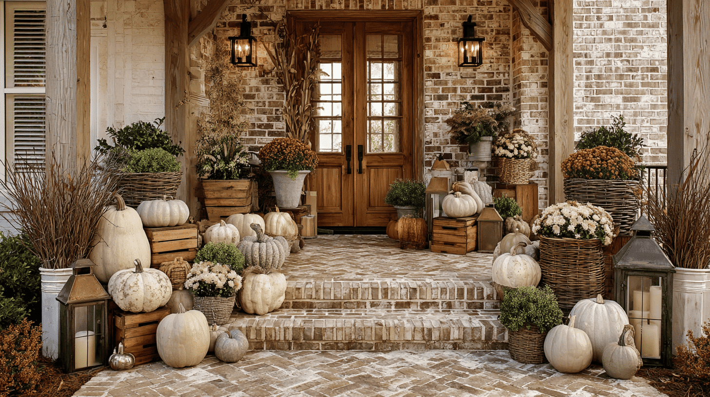 Brick or stone porch decorated with neutral pumpkins, gourds, and wooden accents.