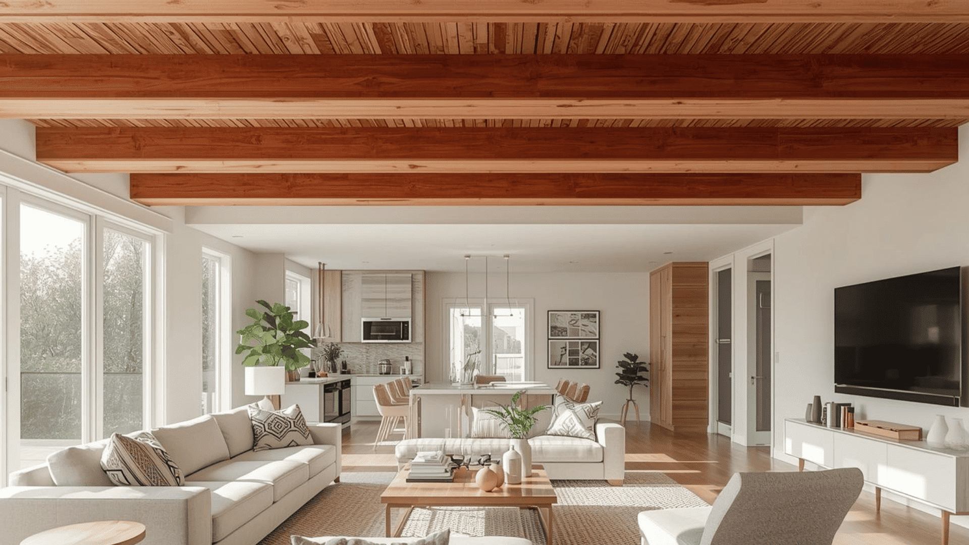 Cedar Beam Installation In Living Room