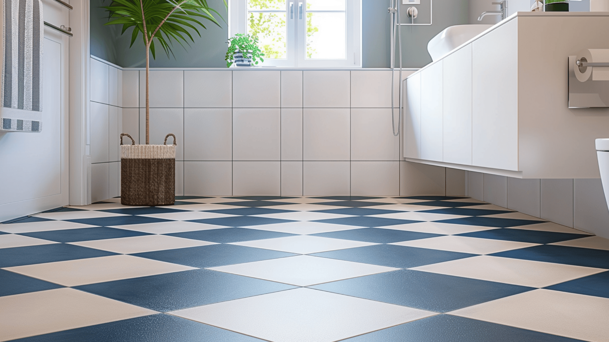  Bright bathroom with blue-and-white checkered floor tiles, white cabinetry, a towel rack, and a potted plant by the window, creating a fresh, tidy ambiance.