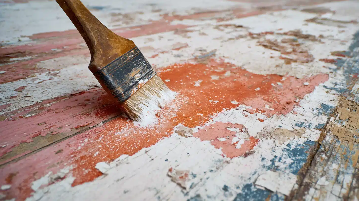 Chemical paint stripper bubbling on a wooden plank while a person removes softened paint.