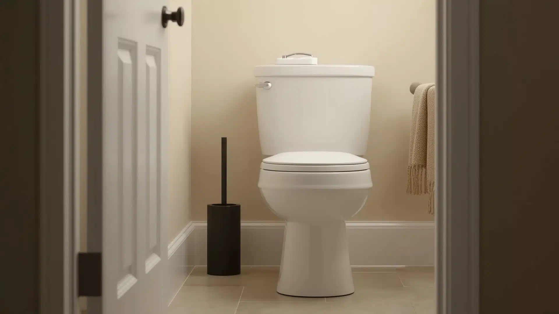 Closed toilet brush holder beside toilet in half bath.