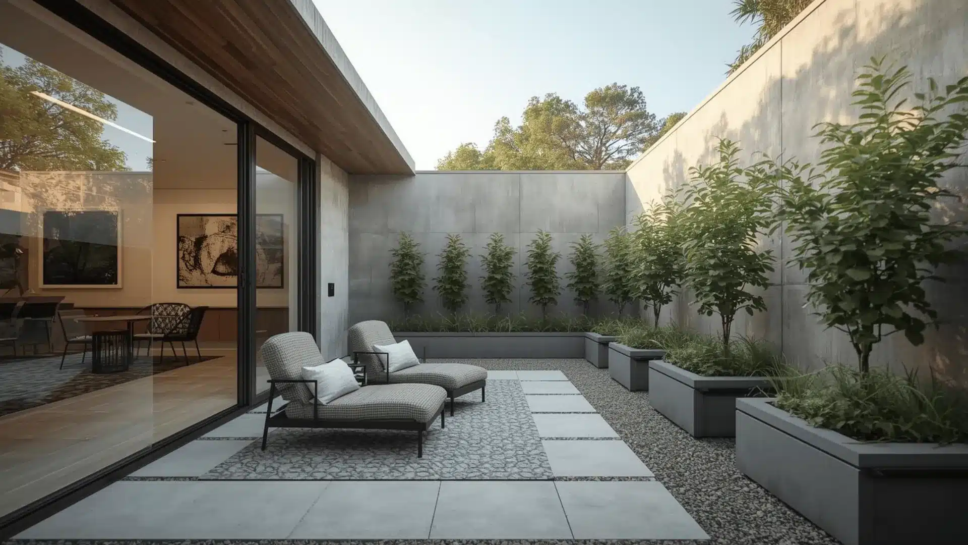 Contemporary courtyard patio with sliding doors, seating, and greenery.