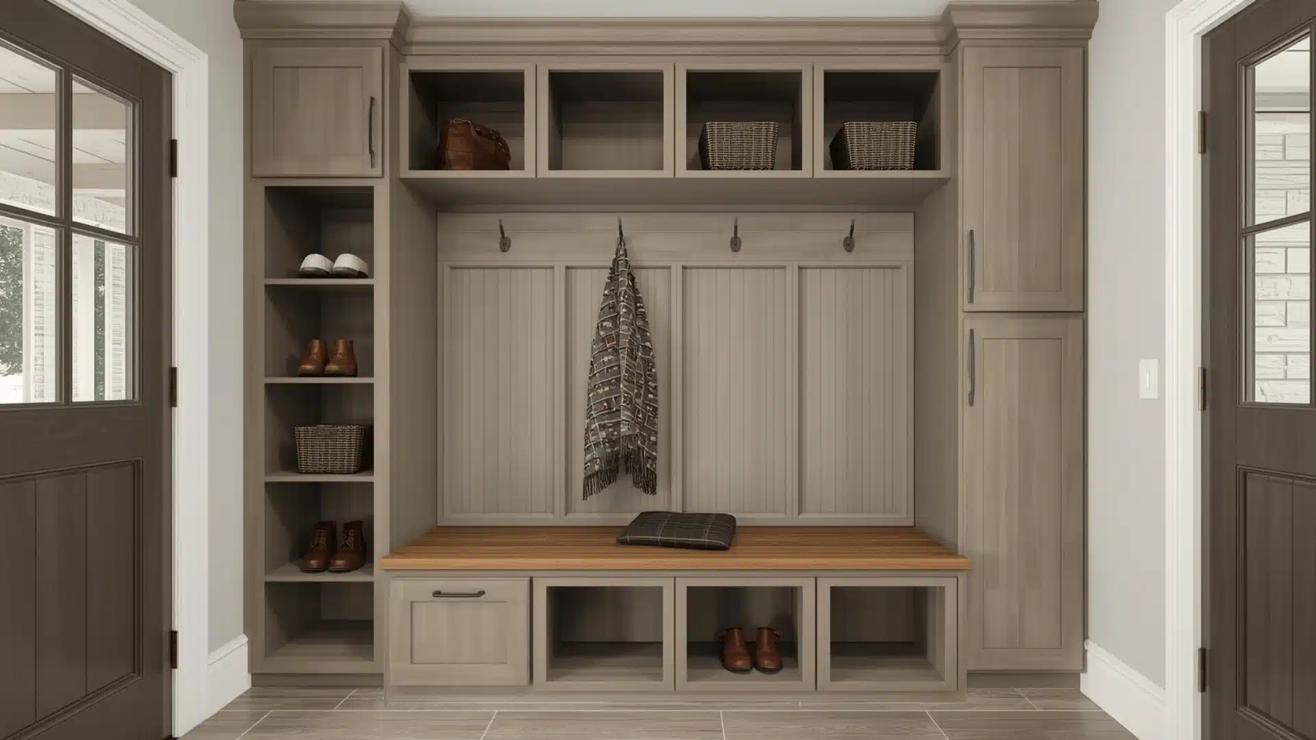 Contemporary entry mudroom with bench, hooks, and closed cabinets. (1)