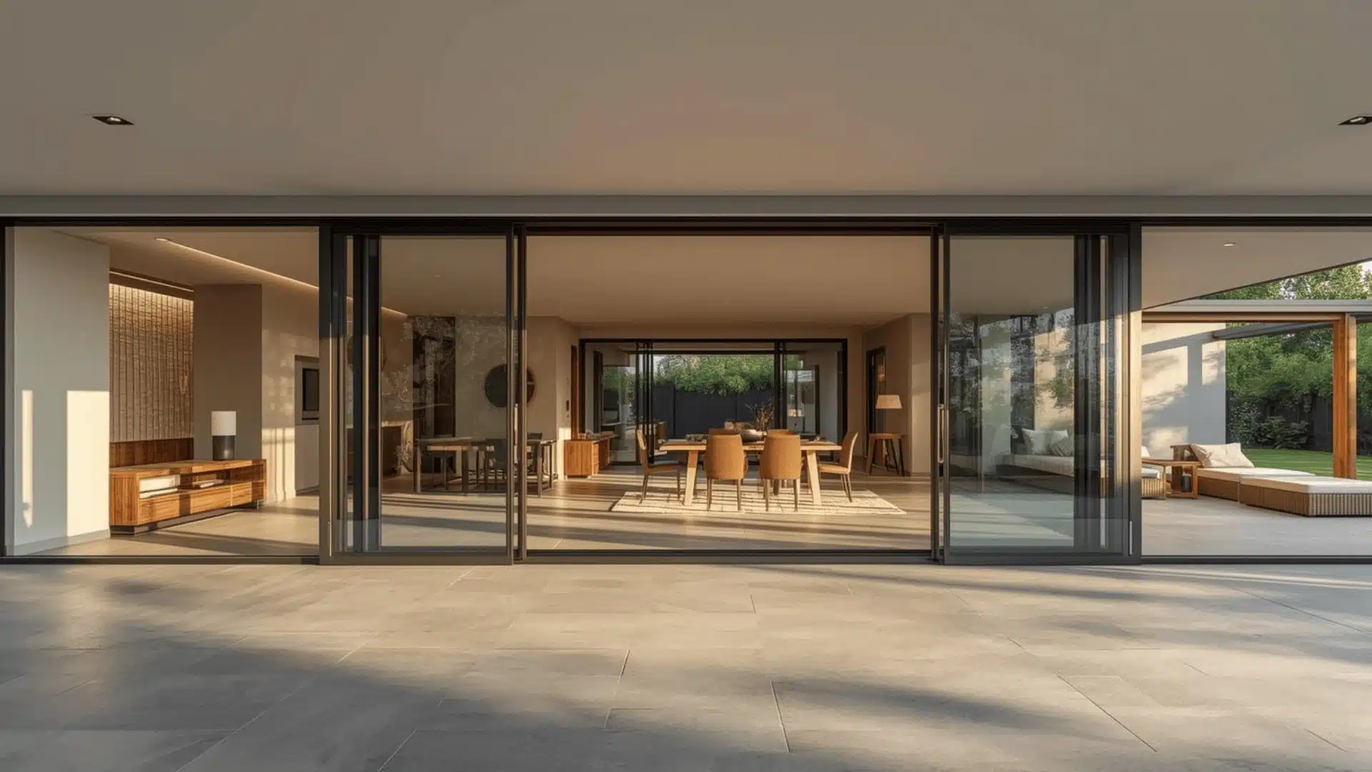 Contemporary great room opening to a covered patio through wide sliding doors.