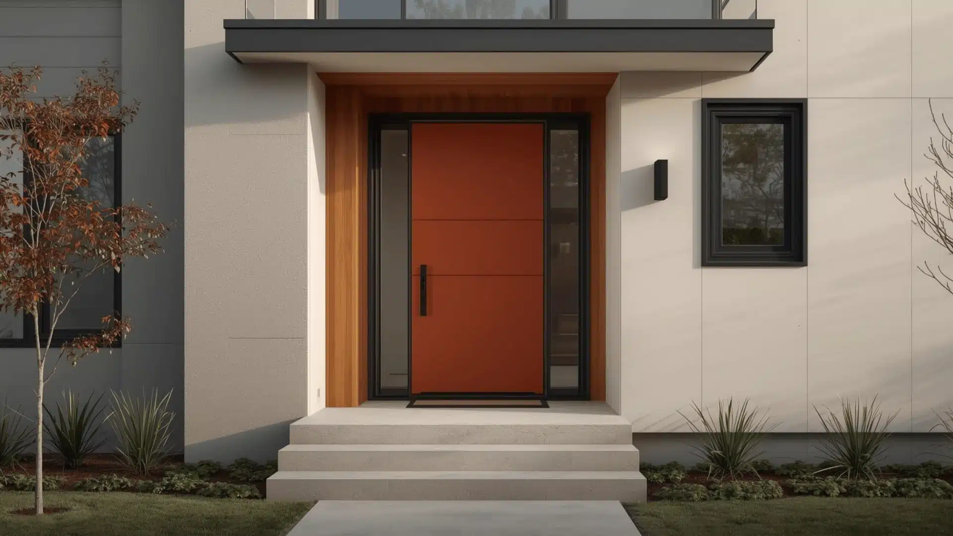 Contemporary home entry with a bold front door and simple modern hardware.